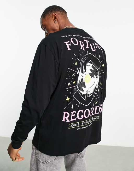 ASOS DESIGN - T-shirt décontracté manches longues avec imprimé Record dans le dos - Noir