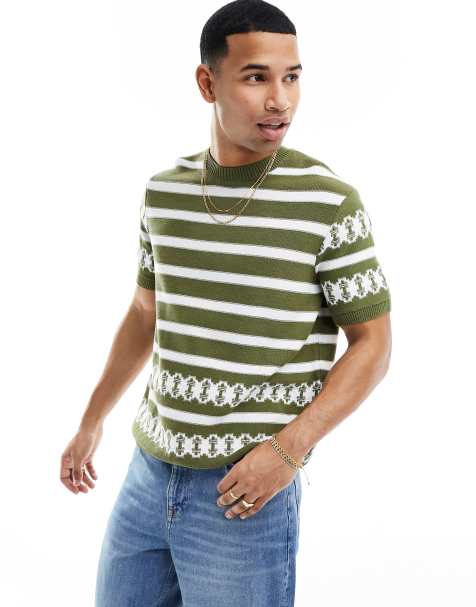 ASOS DESIGN - T-shirt décontracté ras de cou en maille à rayures - Kaki - view 1