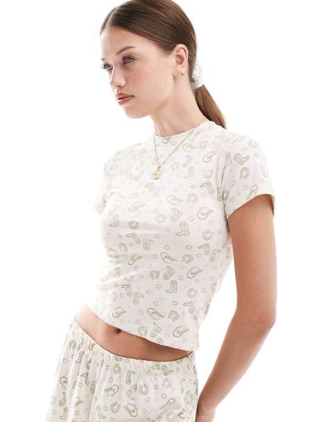 ASOS DESIGN - T-shirt del pigiama ed elastico per capelli mix & match con stampa stile rodeo - view 1