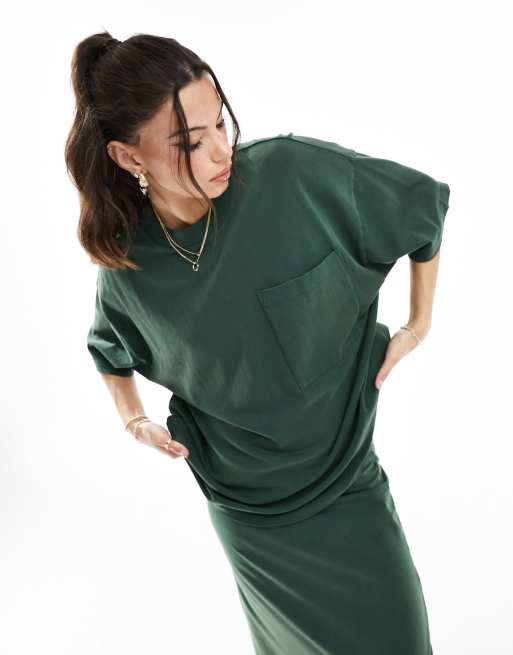 ASOS DESIGN - T-shirt d'ensemble coupe boyfriend avec poche - Vert sapin délavé