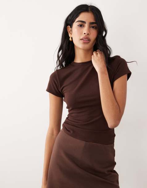 ASOS DESIGN - T-shirt d'ensemble effet rétréci aspect maille - Marron - view 1