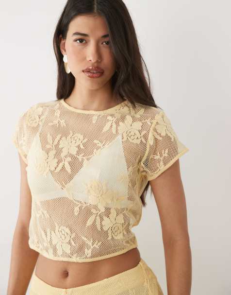 ASOS DESIGN - T-shirt d'ensemble effet rétréci en dentelle fleurie au crochet - Jaune - view 1