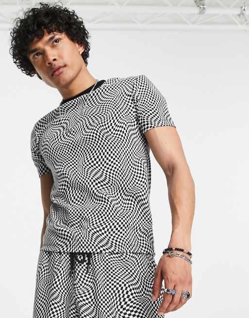 ASOS DESIGN - T-shirt d'ensemble en jacquard motif grille - Noir et blanc