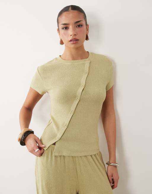 ASOS DESIGN - T-shirt d'ensemble en maille texturée à boutonnage asymétrique - Sauge, 4 de 4