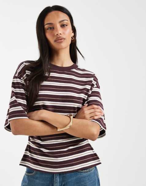 ASOS DESIGN - T-shirt d'ensemble en maille texturée à taille corsetée et rayures - Chocolat - view 1