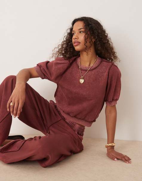 ASOS DESIGN - T-shirt d'ensemble molletonné à manches courtes avec coutures apparentes - Bordeaux délavé - view 1