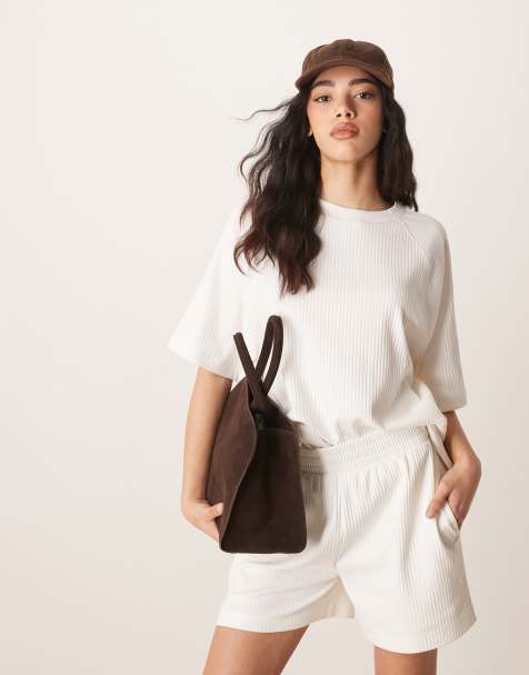 ASOS DESIGN - T-shirt d'ensemble oversize à manches raglan en tissu épais à larges côtes - Crème - view 1