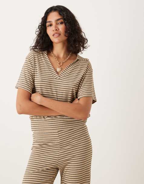 ASOS DESIGN - T-shirt d'ensemble rayé à manches courtes et col polo - Neutre - view 1