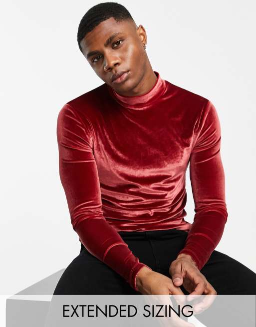 ASOS DESIGN - T-shirt dolcevita attillata a maniche lunghe in velour bordeaux