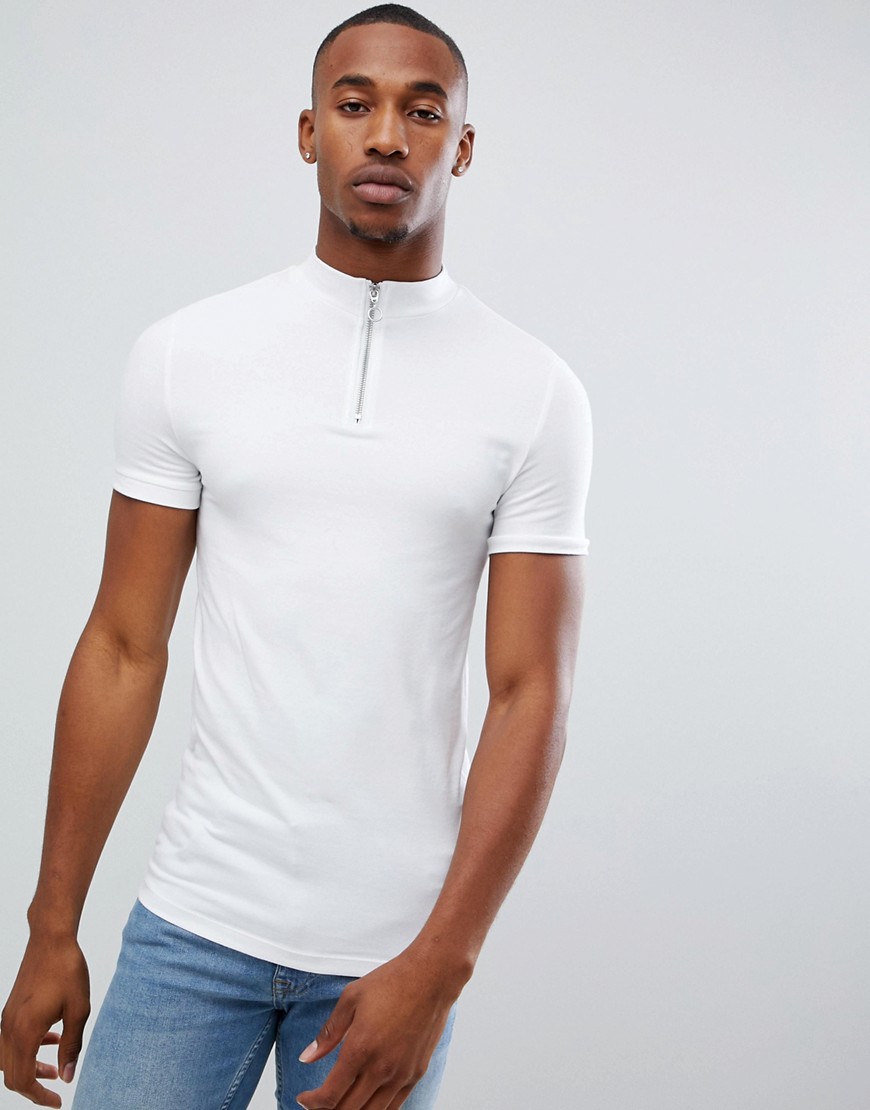 ASOS DESIGN - T-shirt dolcevita attillata ed elasticizzata bianca con zip-Bianco