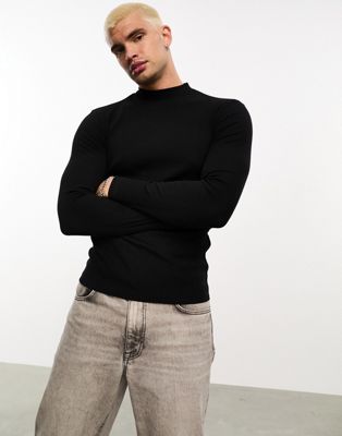 ASOS DESIGN long sleeve muscle ribbed t-shirt with turtle neck in black - ASOS Price Checker
