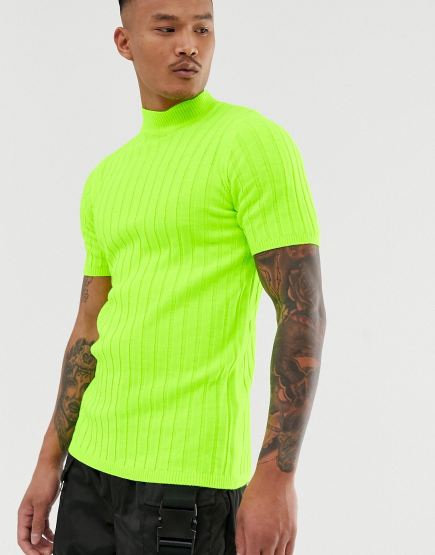 ASOS DESIGN - T-shirt dolcevita in maglia a coste verde fluo