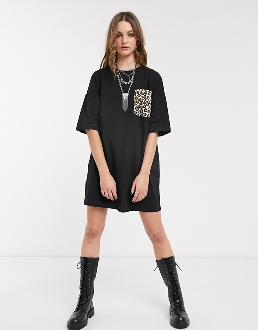 ASOS DESIGN t-shirt dress with leopard print pocket in black