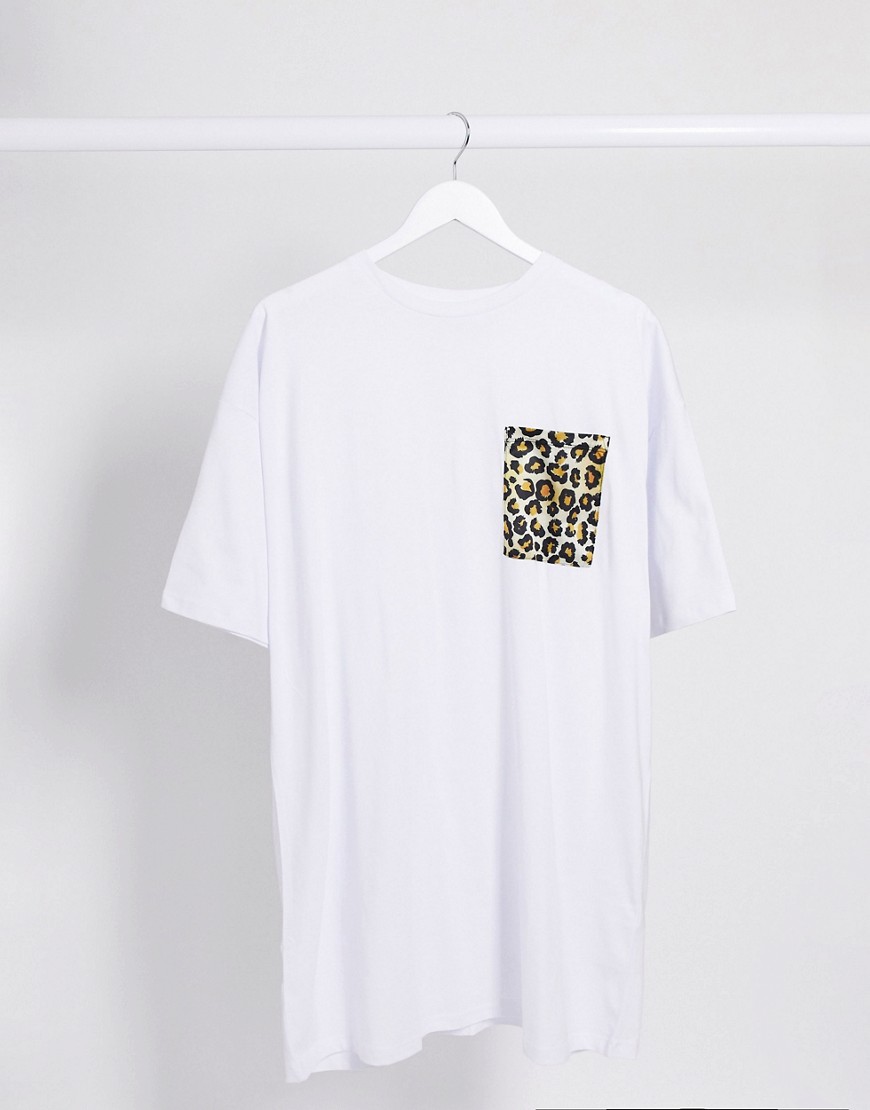 Asos Design T-shirt Dress With Leopard Print Pocket In White