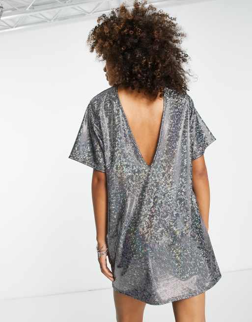 ASOS DESIGN t shirt dress with open back in holographic silver