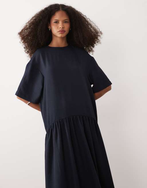 ASOS DESIGN t-shirt drop waist midi dress in navy, 2 of 4