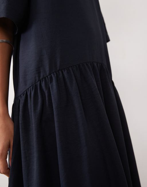 ASOS DESIGN t-shirt drop waist midi dress in navy, 3 of 4