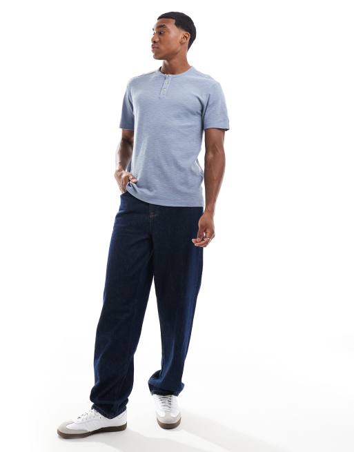ASOS DESIGN - T-shirt effet lin à col tunisien - Bleu clair