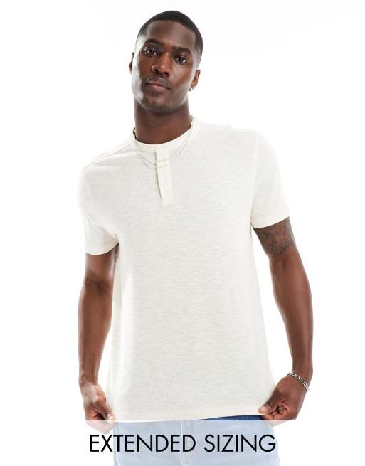 ASOS DESIGN - T-shirt effet lin à col tunisien - Écru