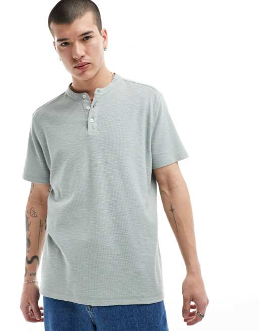 ASOS DESIGN - T-shirt effet lin à col tunisien - Vert clair