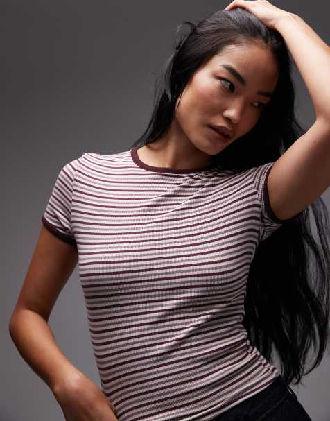 ASOS DESIGN - T-shirt effet rétréci à bords contrastants avec rayures - Prune - view 1