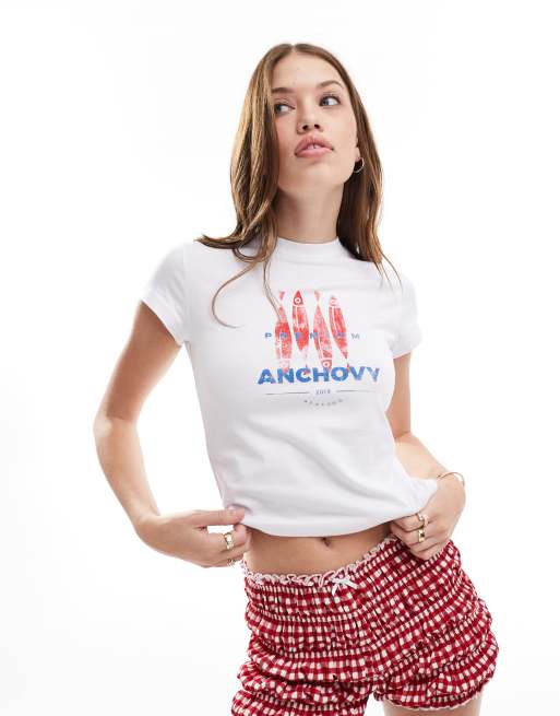 ASOS DESIGN - T-shirt effet rétréci à imprimé anchois - Blanc