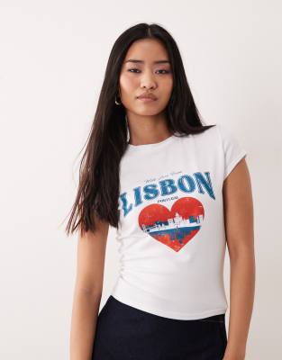 T-shirt effet rétréci à imprimé carte postale de Lisbon - Blanc M