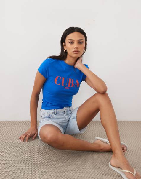 ASOS DESIGN - T-shirt effet rétréci à imprimé Cuba - Bleu/rouge - view 1