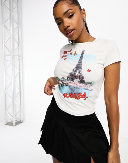 ASOS DESIGN - T-shirt effet rétréci à imprimé Paris, City of Love - Blanc