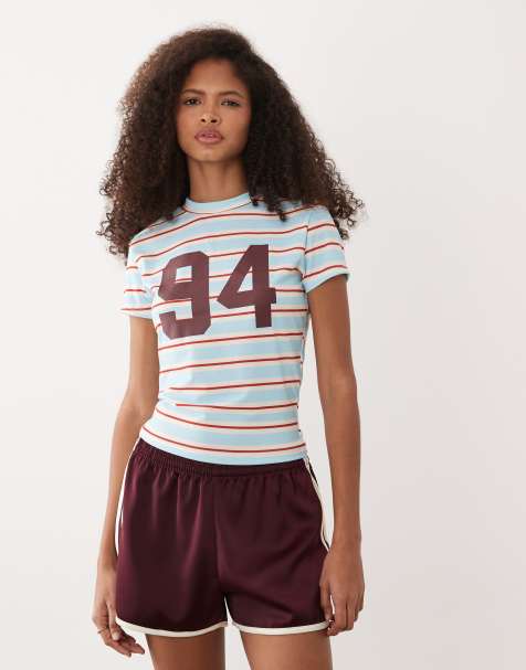 ASOS DESIGN - T-shirt effet rétréci à manches courtes avec imprimé graphique 94 et rayures - view 1