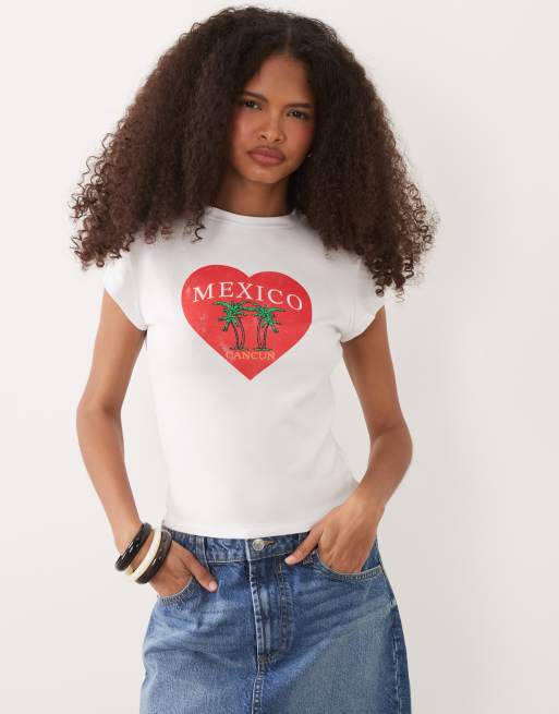 ASOS DESIGN - T-shirt effet rétréci à manches courtes et imprimé Mexico - Blanc, 3 de 4