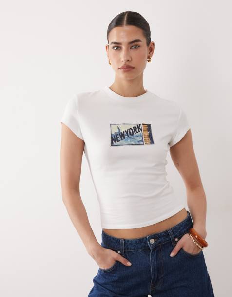 ASOS DESIGN - T-shirt effet rétréci à manches courtes et imprimé New York - Blanc - view 1