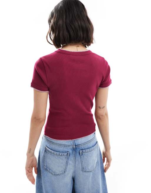 ASOS DESIGN - T-shirt effet rétréci avec bords au point de feston - Bordeaux, 3 de 4