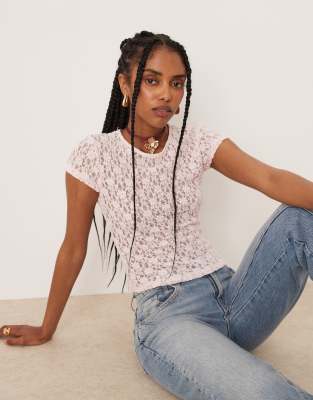 T-shirt effet rétréci en dentelle à manches courtes - Rose XS