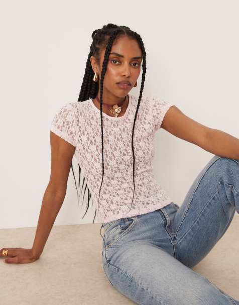 ASOS DESIGN - T-shirt effet rétréci en dentelle à manches courtes - Rose - view 1