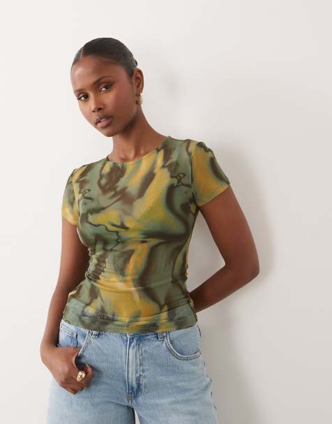 ASOS DESIGN - T-shirt effet rétréci en tulle transparent à imprimé abstrait - Vert - view 1