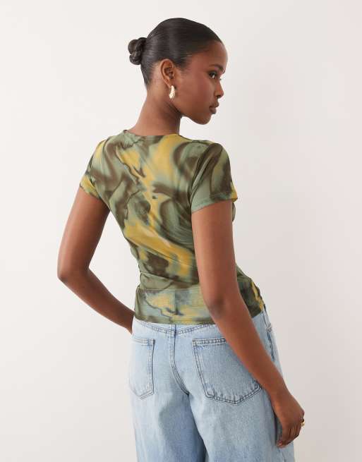 ASOS DESIGN - T-shirt effet rétréci en tulle transparent à imprimé abstrait - Vert, 3 de 4