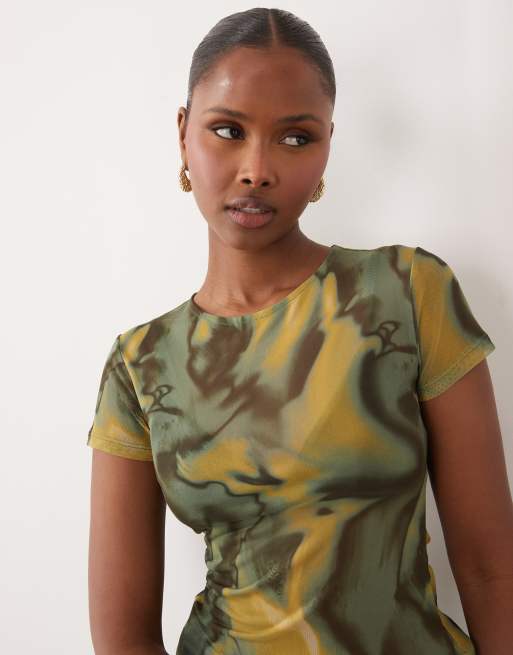 ASOS DESIGN - T-shirt effet rétréci en tulle transparent à imprimé abstrait - Vert, 4 de 4