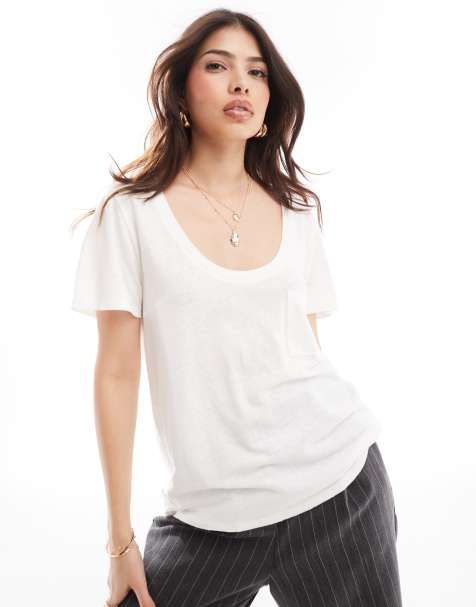 ASOS DESIGN - T-shirt effetto lino bianca con scollo rotondo e tasca - view 1
