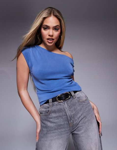 ASOS DESIGN - T-shirt en cupro à épaules dénudées - Bleu - view 1