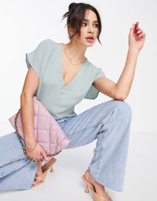 ASOS DESIGN - T-shirt en lin à col en V - Bleu enfumé