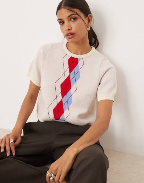 ASOS DESIGN - T-shirt en maille à manches mi-longues et losanges - Écru - view 1