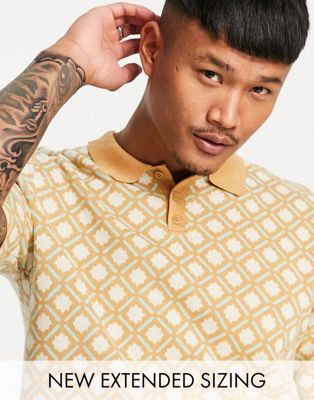 Polos T-shirt en maille avec col polo et motif géométrique - Fauve