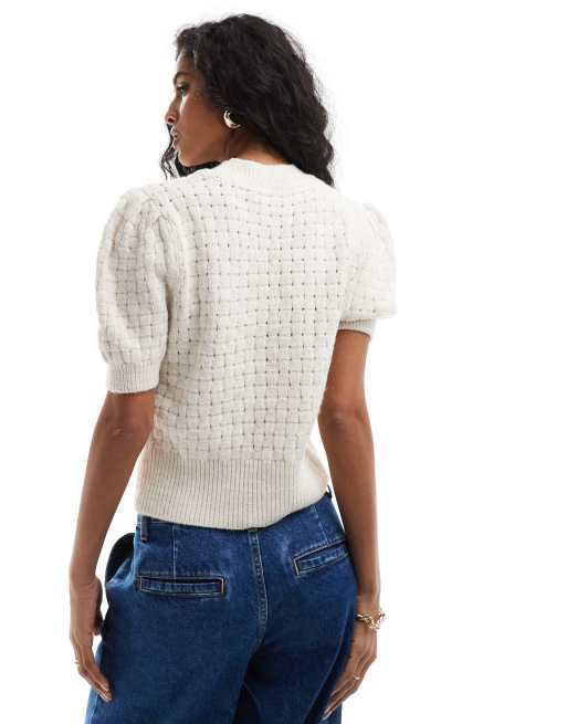 ASOS DESIGN - T-shirt en maille avec manches bouffantes et coutures visibles - Crème, 2 de 4
