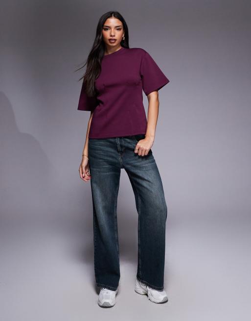 ASOS DESIGN - T-shirt en maille interlock à coutures cintrées - Figue, 2 de 4