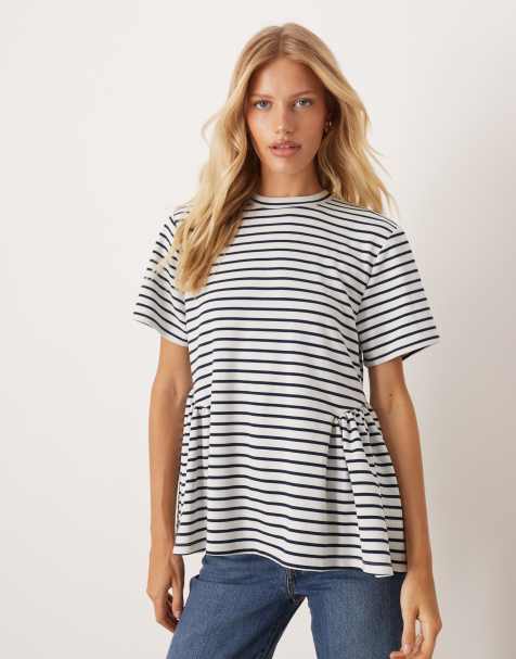 ASOS DESIGN - T-shirt en maille interlock avec manches courtes et ourlet à basque froncé - Rayures - view 1