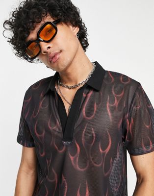 Homme T-shirt en tulle à col polo et imprimé flamme