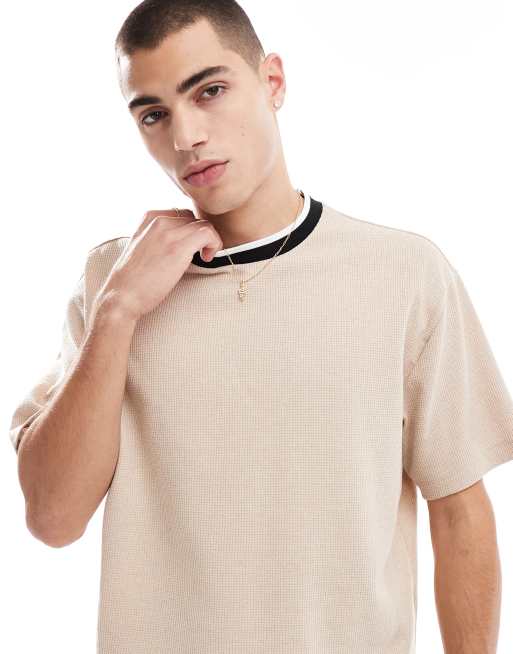 ASOS DESIGN - T-shirt épais à coupe carrée décontractée et col contrastant - Neutre