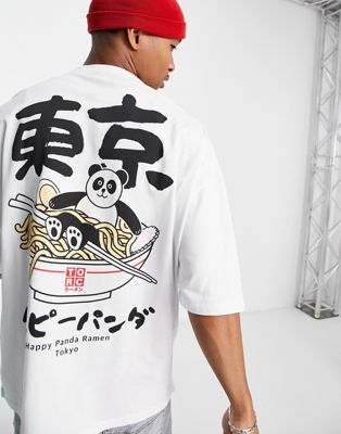 Nouveau T-shirt épais à imprimé Panda Ramen - Blanc