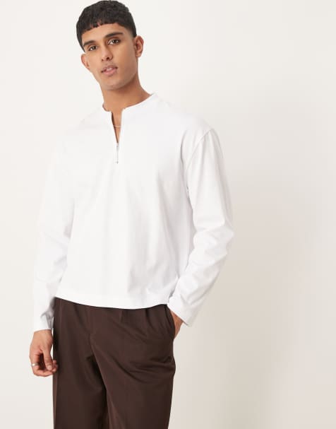 ASOS DESIGN - T-shirt épais à manches longues coupe carrée décontractée avec col zippé - Blanc - view 1